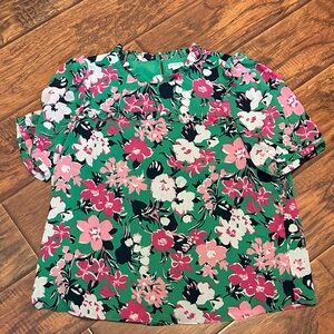J. Crew Green Blouse with Pink and White Floral Design